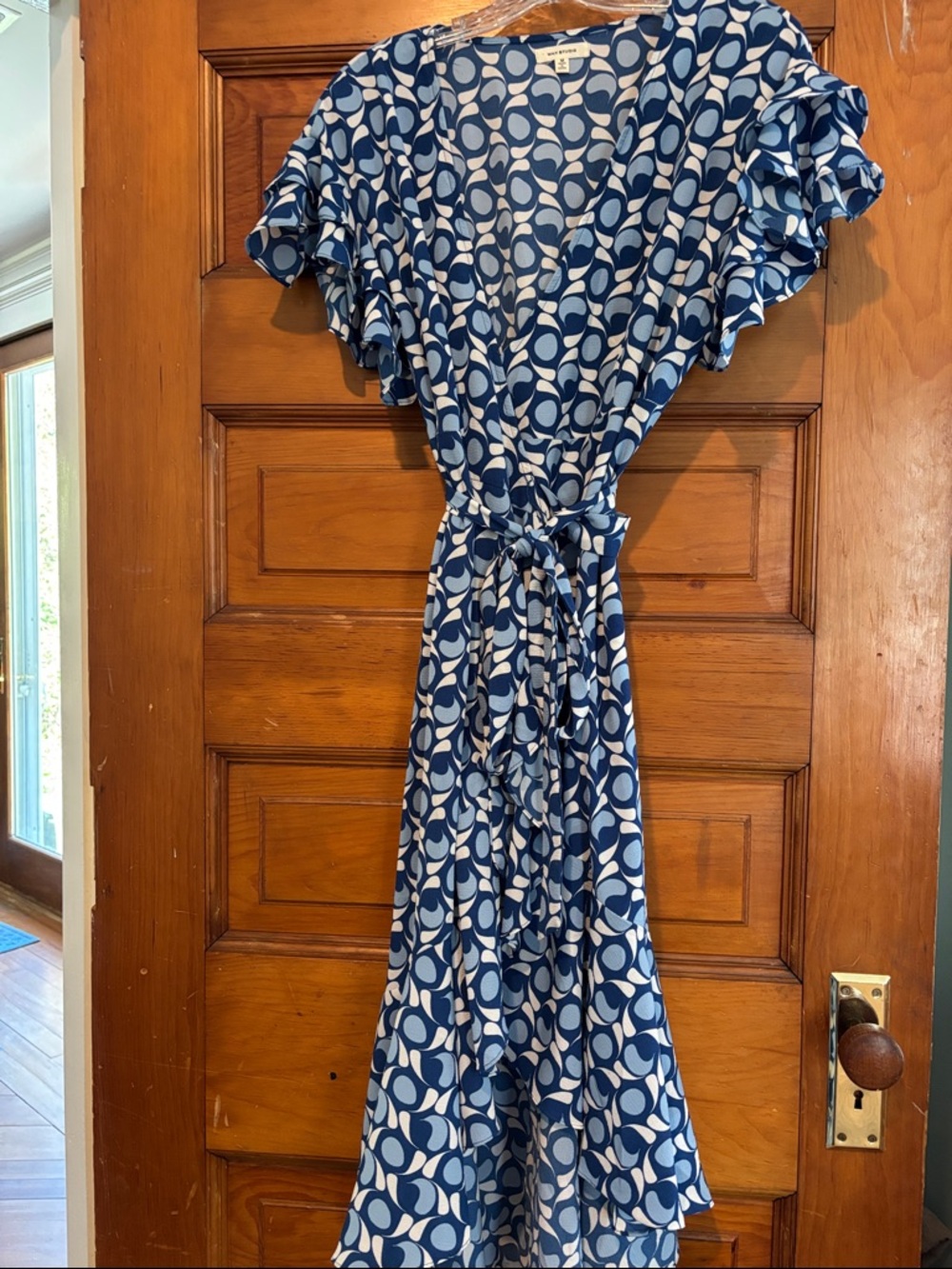 Max Studio Blue and White Printed Midi Wrap Dress